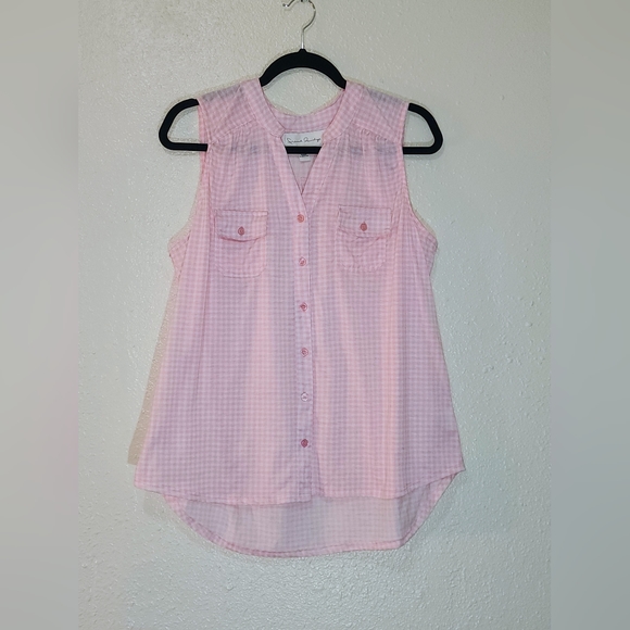 French Laundry PINK & White Checkerd Sleeveless Blouse V Neck Buttons 1/2 Way Up - Picture 2 of 11